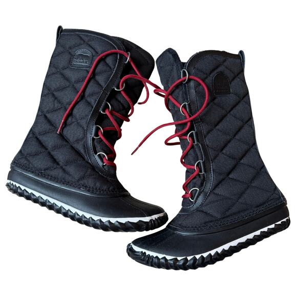 Sorel Women's Out N About Tall Snow Boots Size 6 Black Red Faux Fur Quilted Warm - Picture 3 of 6